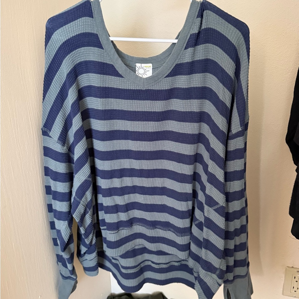 Aerie Navy and Green Sage Striped Crew Neck Sweater